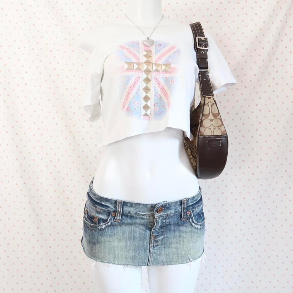 mcbling studded cross union jack graphic off shoulder crop top y2k british core